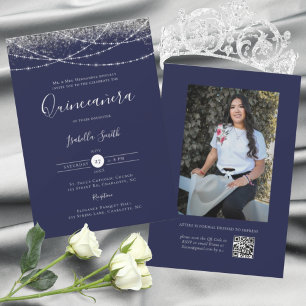 Invitation Elégante Quinceanera Photo Pailletée Bleu Argent