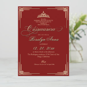 Invitation Élégante Quinceañera princesse rouge et or