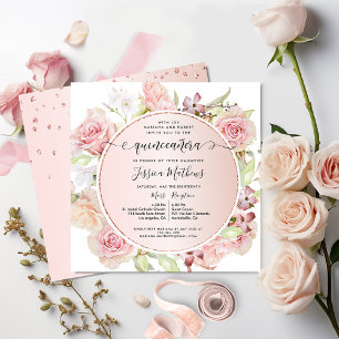 Invitation Élégante Quinceanera rose, Blush, Or Rose Floral