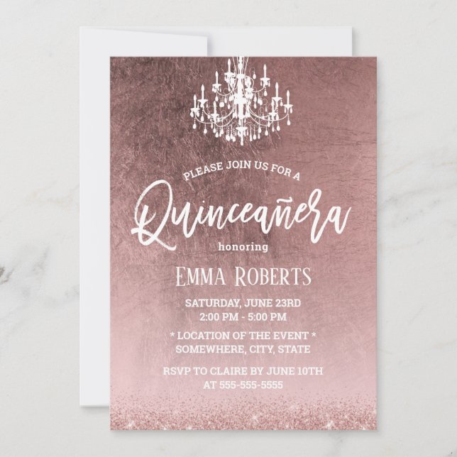Invitation Elégante Quinceanera Rose moderne Or 15e anniversa (Devant)