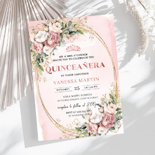 Invitation Élégante Quinceañera Rose Pâle Florale Végétation