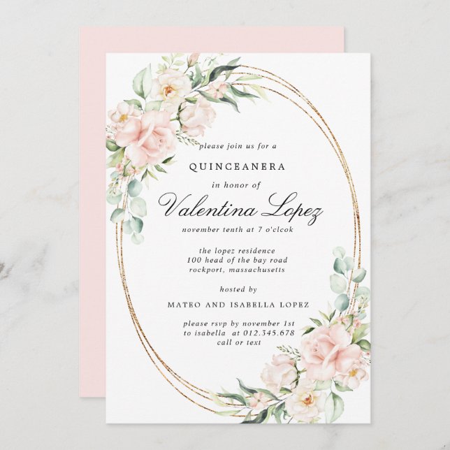 Invitation Élégante Quinceanera rose rose rose rose rose (Devant / Derrière)