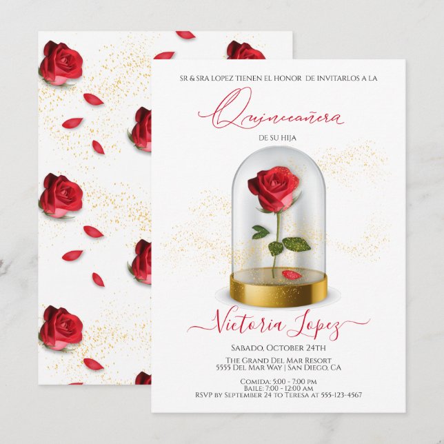 Invitation Elégante Quinceañera Rose rouge en espagnol Invita (Devant / Derrière)