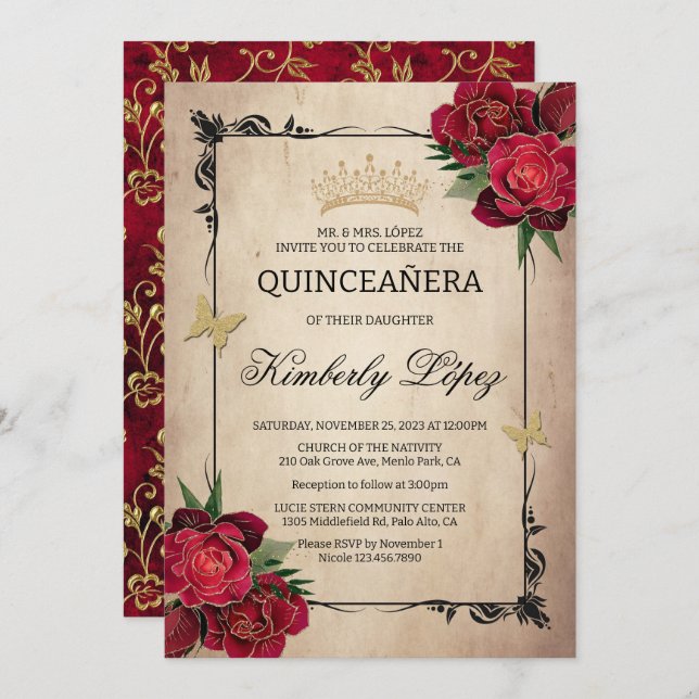 Invitation Elégante Quinceanera Rouge Rose Gold Foil Invitati (Devant / Derrière)