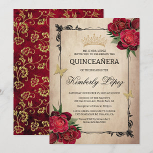 Invitation Elégante Quinceanera Rouge Rose Gold Foil Invitati