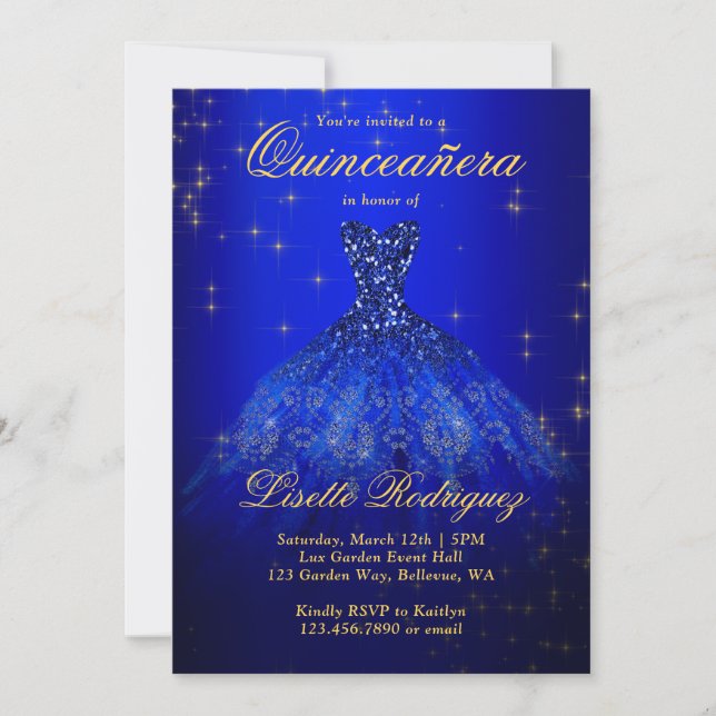 Invitation Elégante Quinceanera Royal Bleue Et Or (Devant)