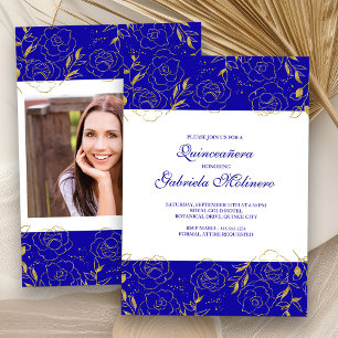 Invitation Elégante Quinceanera Royal Blue Gold Floral Photo