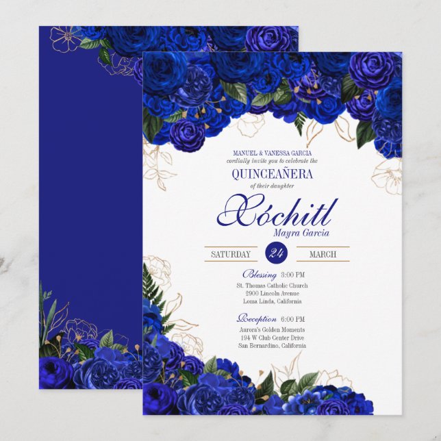 Invitation Elégante Quinceanera - Royal Blue Gold Roses Flora (Devant / Derrière)