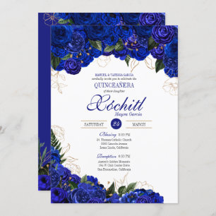 Invitation Elégante Quinceanera - Royal Blue Gold Roses Flora