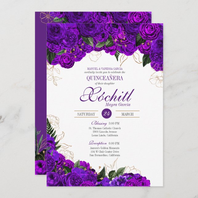 Invitation Elégante Quinceanera Royal Purple Gold Rose Floral (Devant / Derrière)