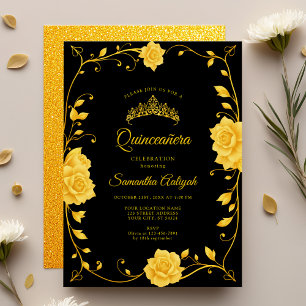 Invitation Élégante Quinceañera Royale Fleurie Dorée