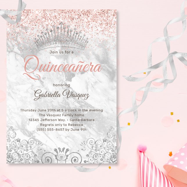 Invitation Elégante Quinceañera Tiara Parties scintillant ros (Créateur téléchargé)
