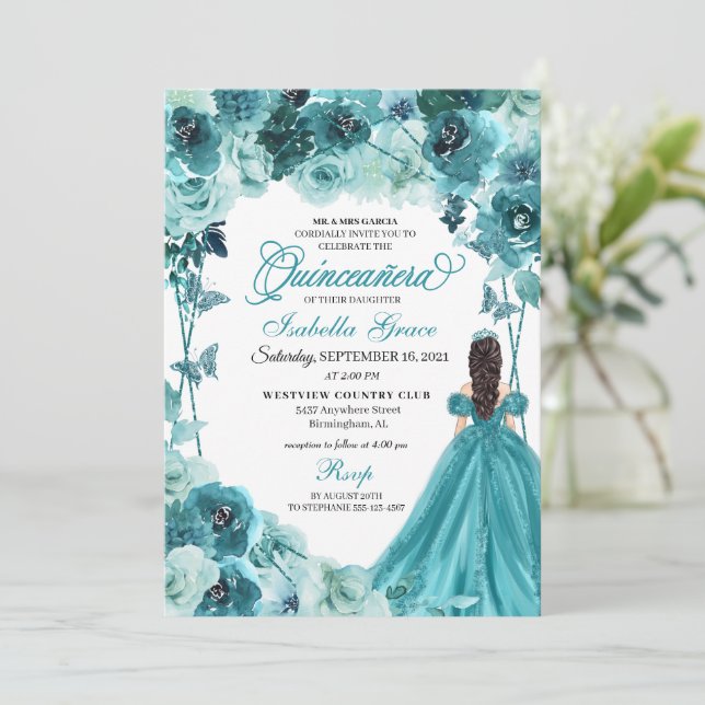 Invitation Élégante Quinceanera Turquoise (Debout devant)