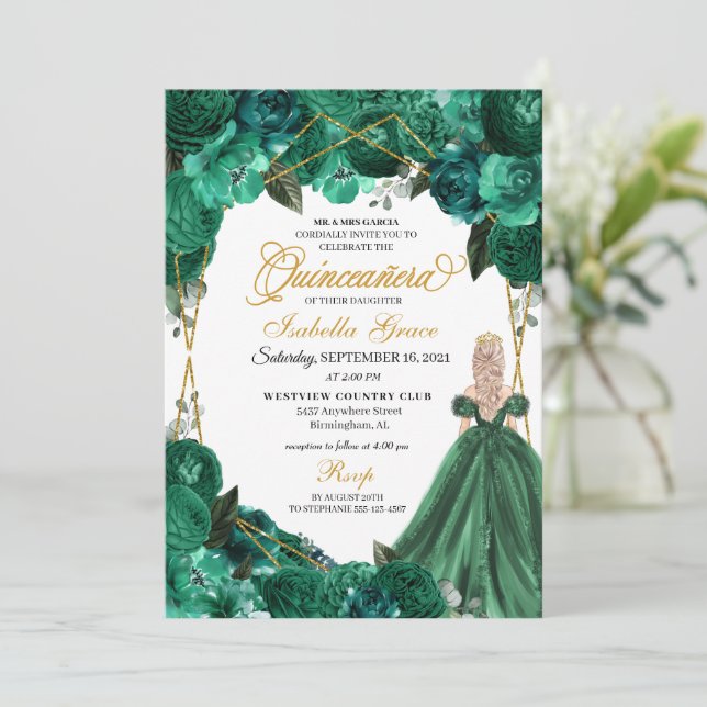 Invitation Élégante Quinceanera verte émeraude (Debout devant)