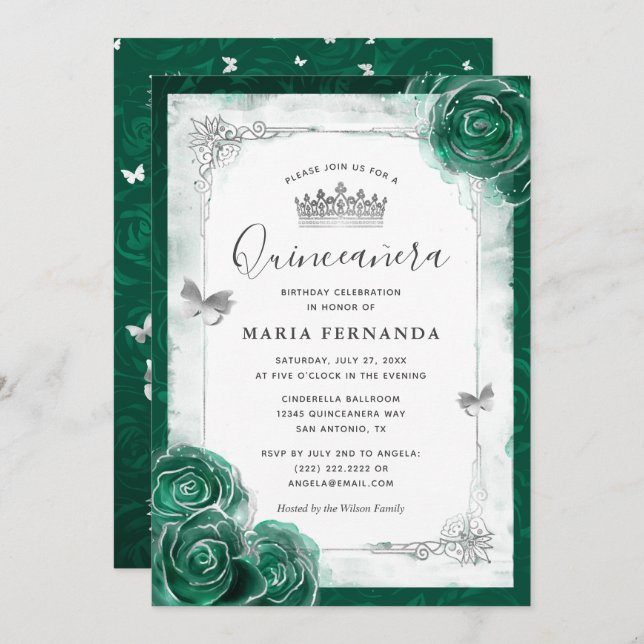 Invitation Élégante Quinceanera verte Rose en argent (Devant / Derrière)