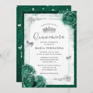 Invitation Élégante Quinceanera verte Rose en argent