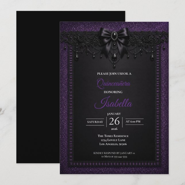 Invitation Élégante Quinceañera Violet Noir (Devant / Derrière)