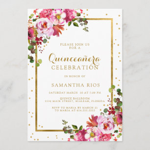 Invitation Élégante Quincennère à la flore rose et à la crème