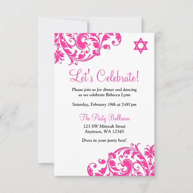 Invitation Elégante Réception Bat mitzvah Rose Chaud (Devant)