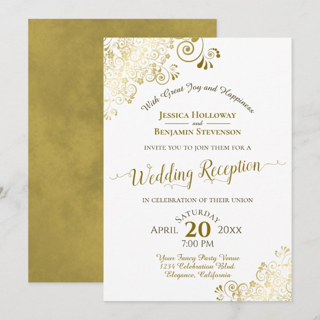 Invitation Élégante réception de mariage en or et blanc (Devant / Derrière)