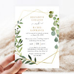Invitation Elégante Réception de mariage géométrique<br><div class="desc">Cette invitation à la réception de mariage élégante et personnalisable présente un cadre d'or géométrique orné d'une belle aquarelle feuillage verdoyante et a été jumelée à une calligraphie lunaire et une police serif classe en or et gris. Pour effectuer des modifications avancées, sélectionnez l'option "Cliquez pour customiser plus loin" sous...</div>