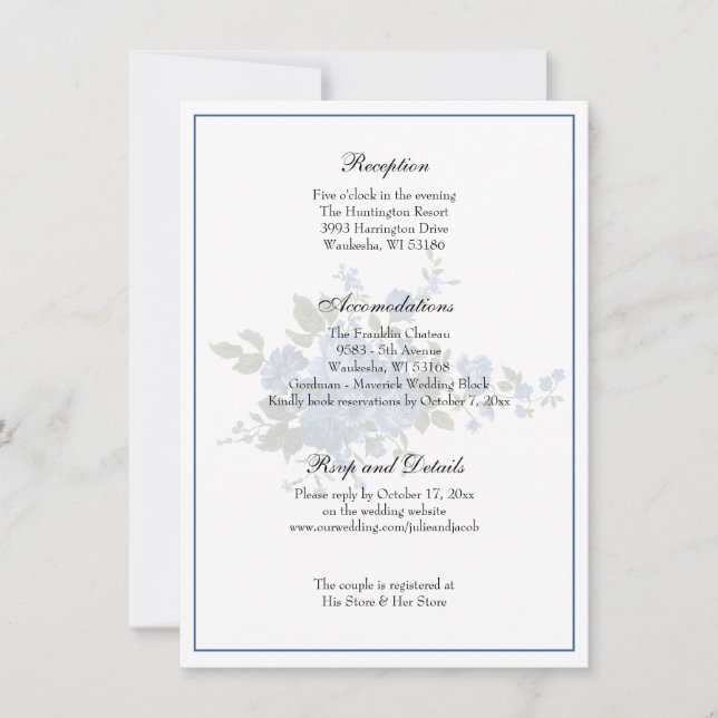 Invitation Elégante Réception de mariage Rose Bleue Classique (Devant)