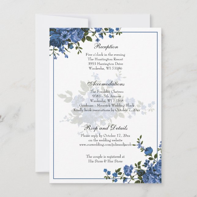 Invitation Elégante Réception de mariage Rose Bleue Classique (Devant)