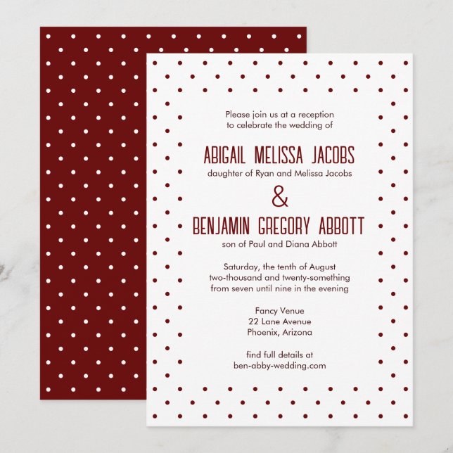 Invitation Elégante Réception Rouge & Blanc À Pointe Polka (Devant / Derrière)