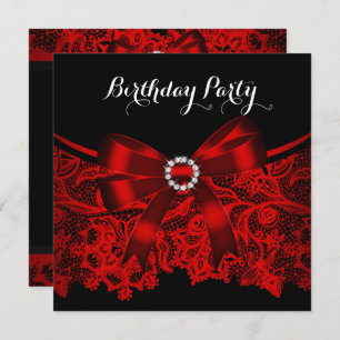 Invitation Elégante Red Bow Black Lace White Anniversaire Par