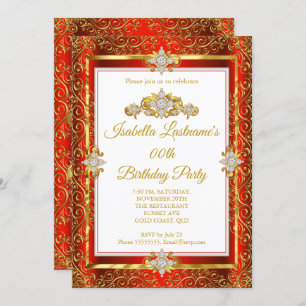 Invitation Elégante Red Damask Gold White Birthday Party