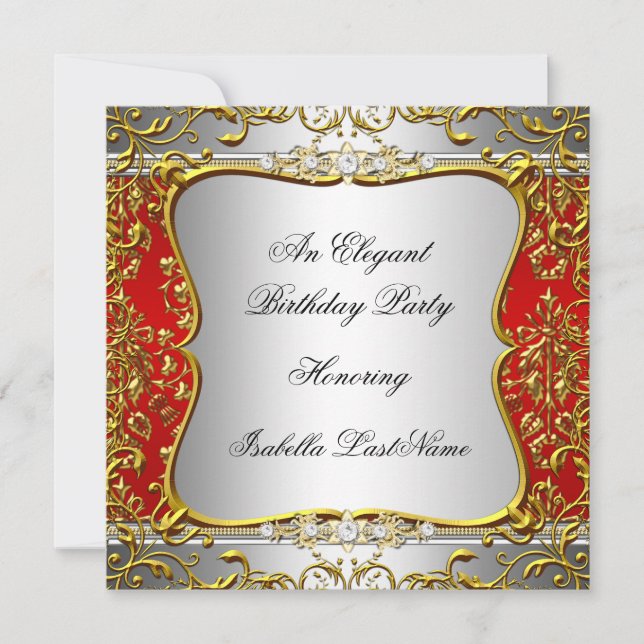 Invitation Elégante Red Damask Silver Gold Birthday Party (Devant)