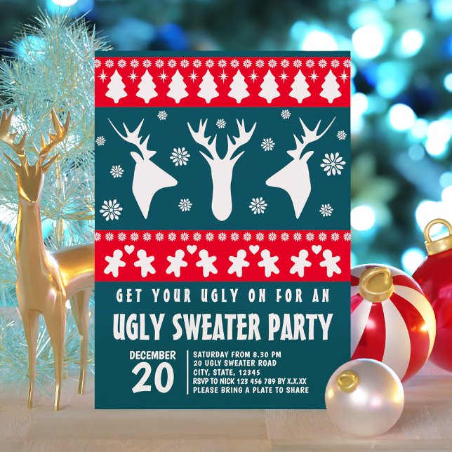 Invitation Élégante Red et Green Reindeer laide Sweater Party (Elegant Red and Green Reindeer Ugly Sweater Party Invitation)