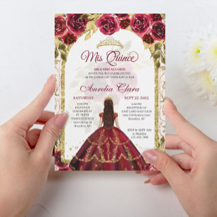 Invitation Elégante Red Floral Princess Gold Arch Quinceanera