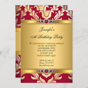 Invitation Elégante Red Gold Damask Pearl fête d'anniversaire