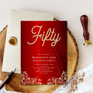 Invitation Élégante Red Gold Swirl 50e fête d'anniversaire