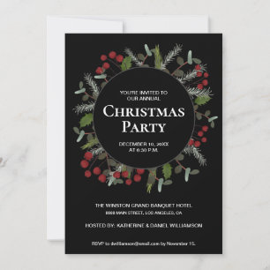 Invitation Elégante Red Holly Wreath Hosted Christmas party