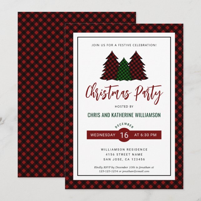 Invitation Élégante Red Plaid Motif Noël Fête de Noël (Devant / Derrière)