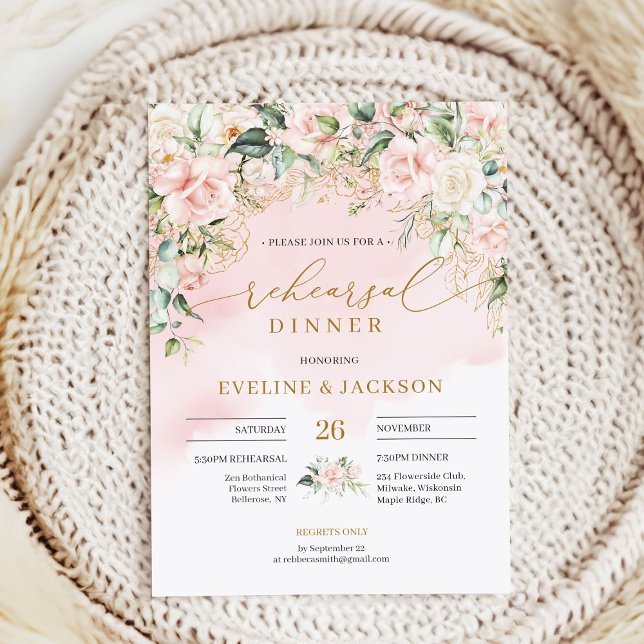 Invitation Élégante répétition en or vert rose (Delicate soft pastel pink roses rehearsal dinner invitation digital )