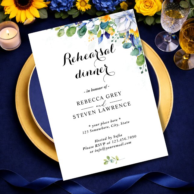Invitation Élégante répétition mariage florale jaune bleu bla (Créateur téléchargé)