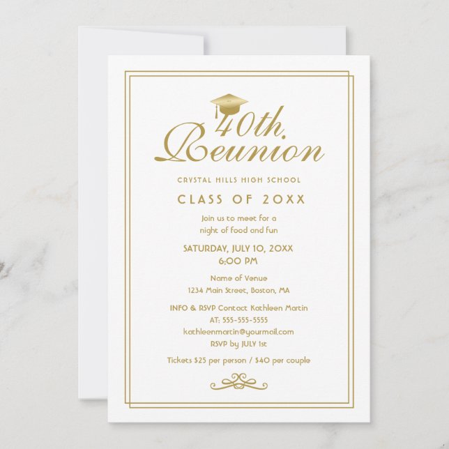 Invitation Élégante Réunion de classe 40e Gold White (Devant)