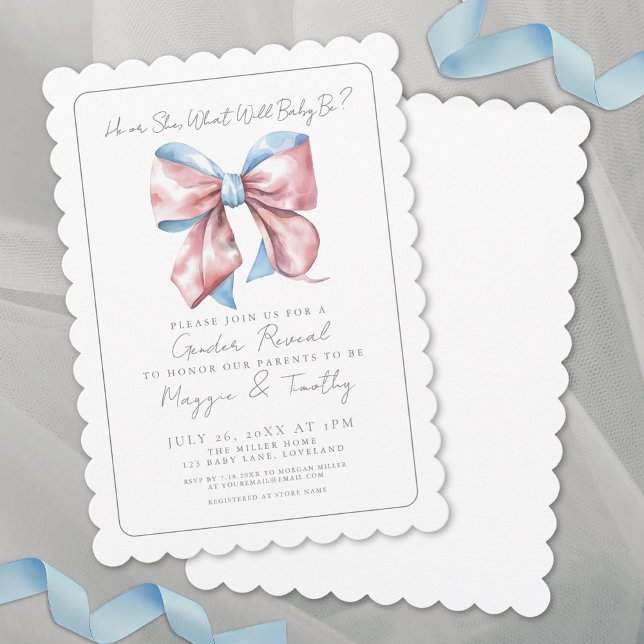Invitation Élégante révélation de genre Blue Rose Bow (Elegant Blue Pink Bow Gender Reveal Invitation)