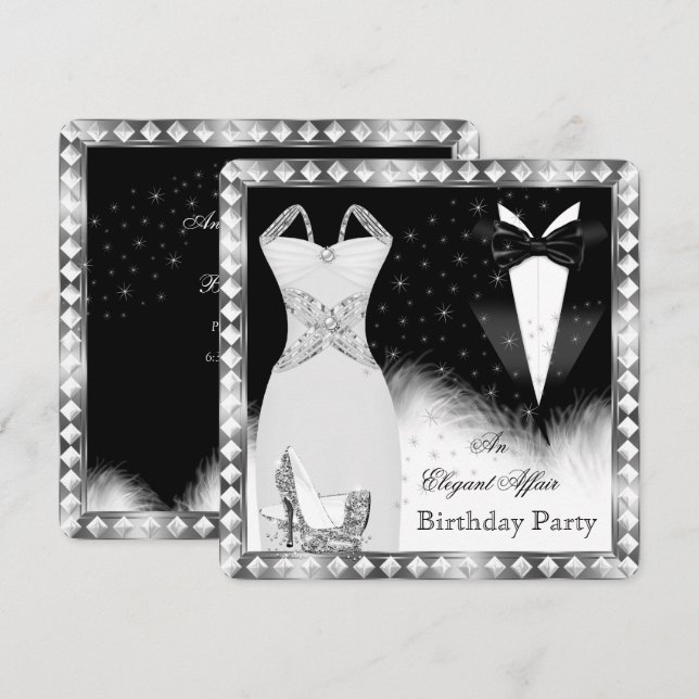 Invitation Élégante robe argentée soirée en noir pour anniver (Devant / Derrière)