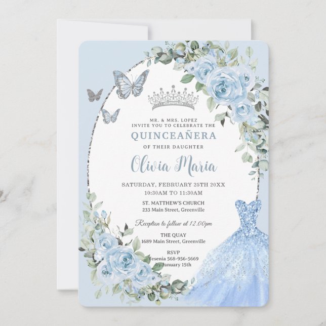 Invitation Elégante robe Bleu Floral Bleu Argent Quinceañera (Devant)