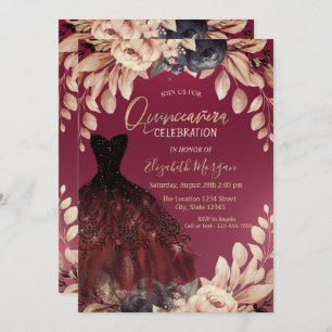 Invitation Elégante robe Bourgogne Floral Quinceañera