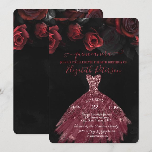 Invitation Élégante robe chic Roses rouges Quinceañera (Devant / Derrière)