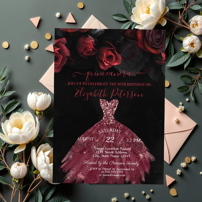 Invitation Élégante robe chic Roses rouges Quinceañera (Créateur téléchargé)