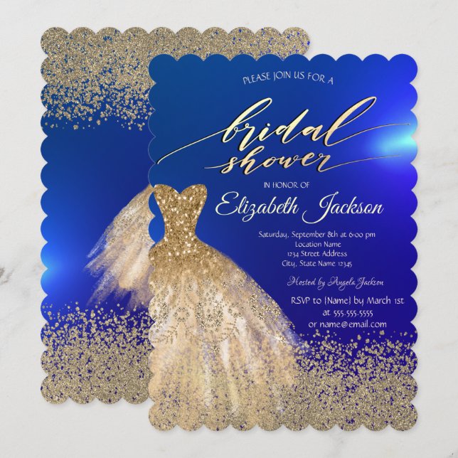 Invitation Élégante robe de diamants d'or pour douche de mari (Devant / Derrière)