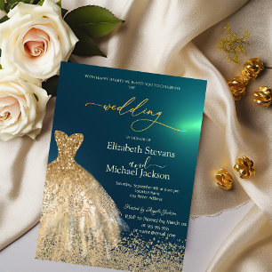 Invitation Élégante robe de diamants en or vert mariage