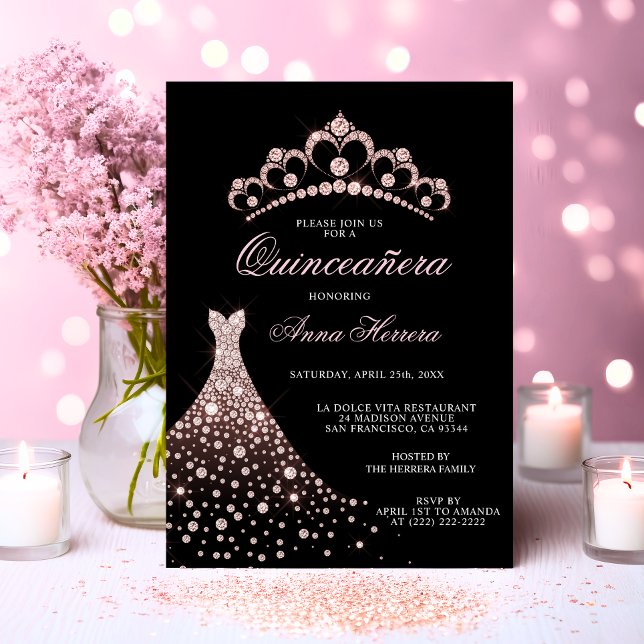 Invitation Elégante robe de gobelet Quinceañera rose noire Ti (Elegant Quinceañera Black Pink Tiara Gown Dress Invitation)