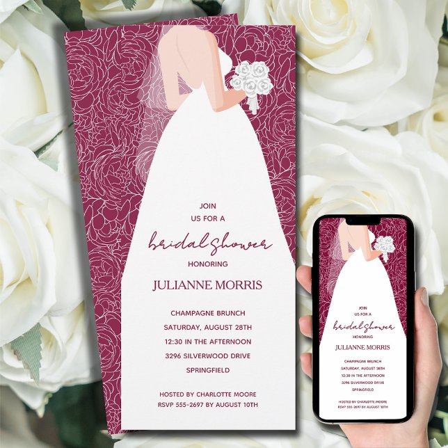 Invitation Elégante robe de mariage Fête des mariées canneber (Bride in her wedding dress overlays white rose sketch pattern on cranberry bridal shower invitations)